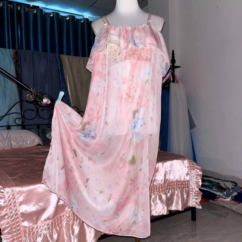 Pink Silk Printed See Through  - Robe Silk Women incelemesi ve fiyatı