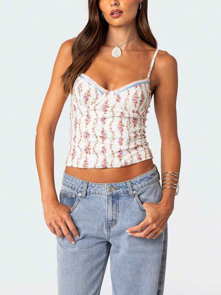 Women Floral Print Tie Strap V - Cami Top Lace incelemesi ve fiyatı